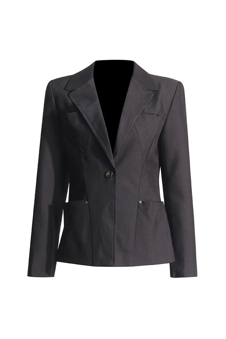 Minimalist Lapel Collar Padded Long Sleeve One Button Cinch Waist Blazer - Blazers - DYAVOR®