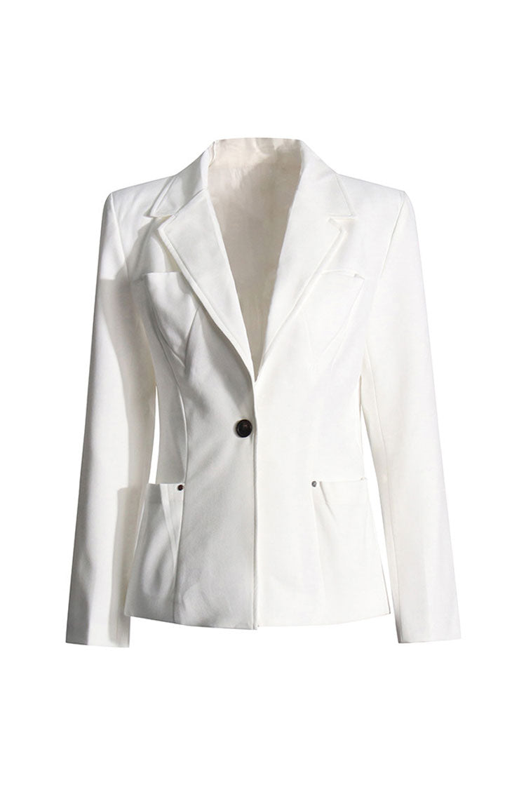 Minimalist Lapel Collar Padded Long Sleeve One Button Cinch Waist Blazer - Blazers - DYAVOR®