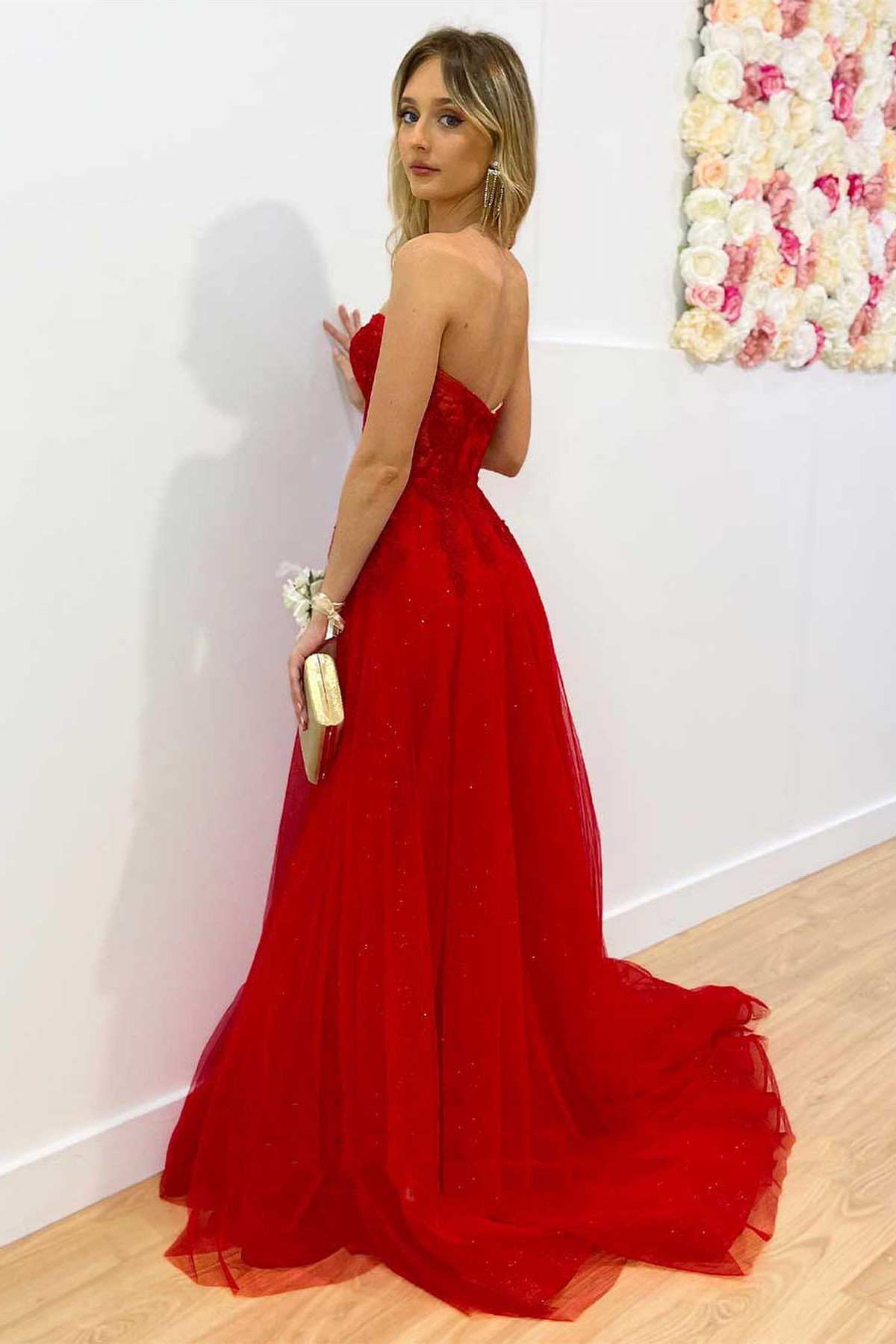 Red Strapless A-Line Long Prom Dress with Appliques - Prom Dress - DYAVOR®
