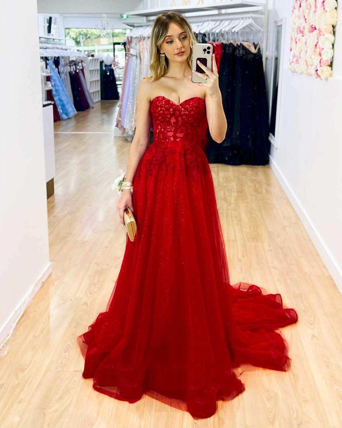 Red Strapless A-Line Long Prom Dress with Appliques - Prom Dress - DYAVOR®