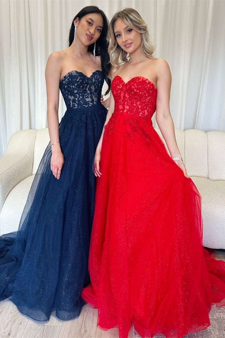 Red Strapless A-Line Long Prom Dress with Appliques - Prom Dress - DYAVOR®