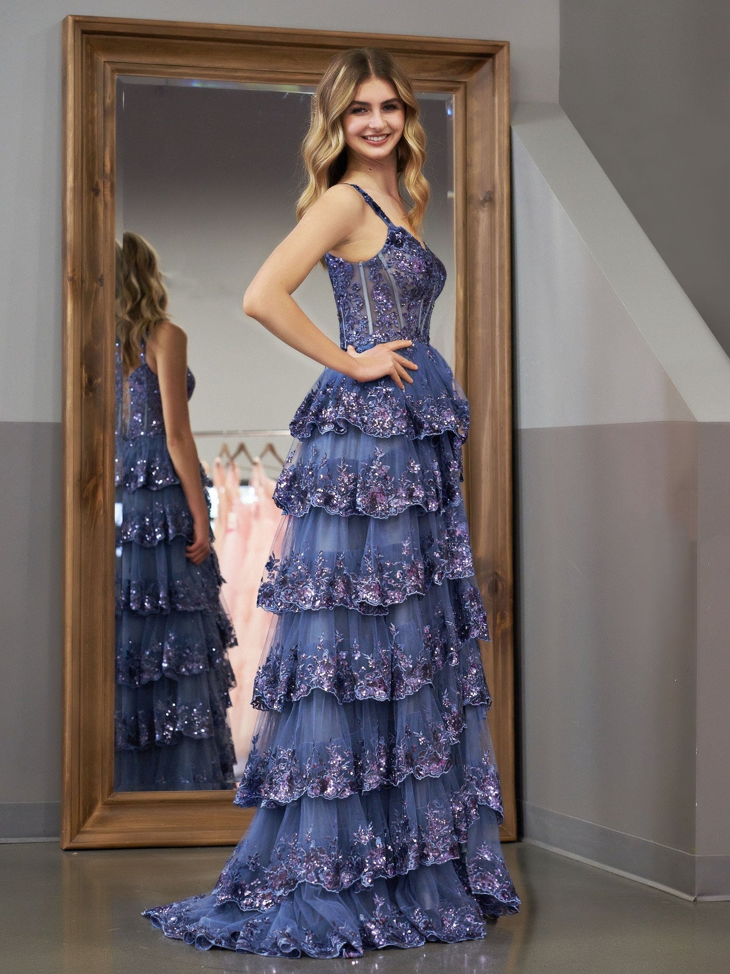 Grey Blue Princess A Line Off the Shoulder Corset Prom Dress with Lace Ruffles - Prom Dress - DYAVOR®