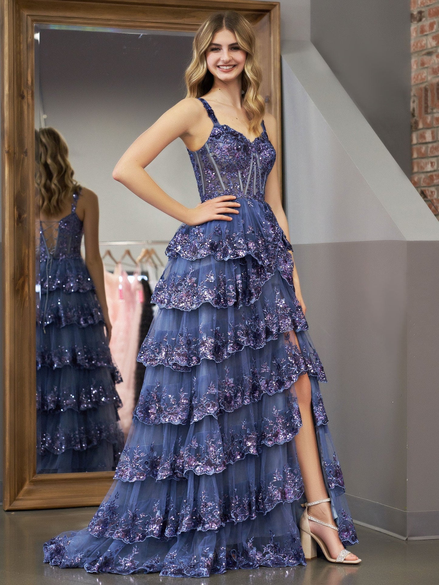Grey Blue Princess A Line Off the Shoulder Corset Prom Dress with Lace Ruffles - Prom Dress - DYAVOR®