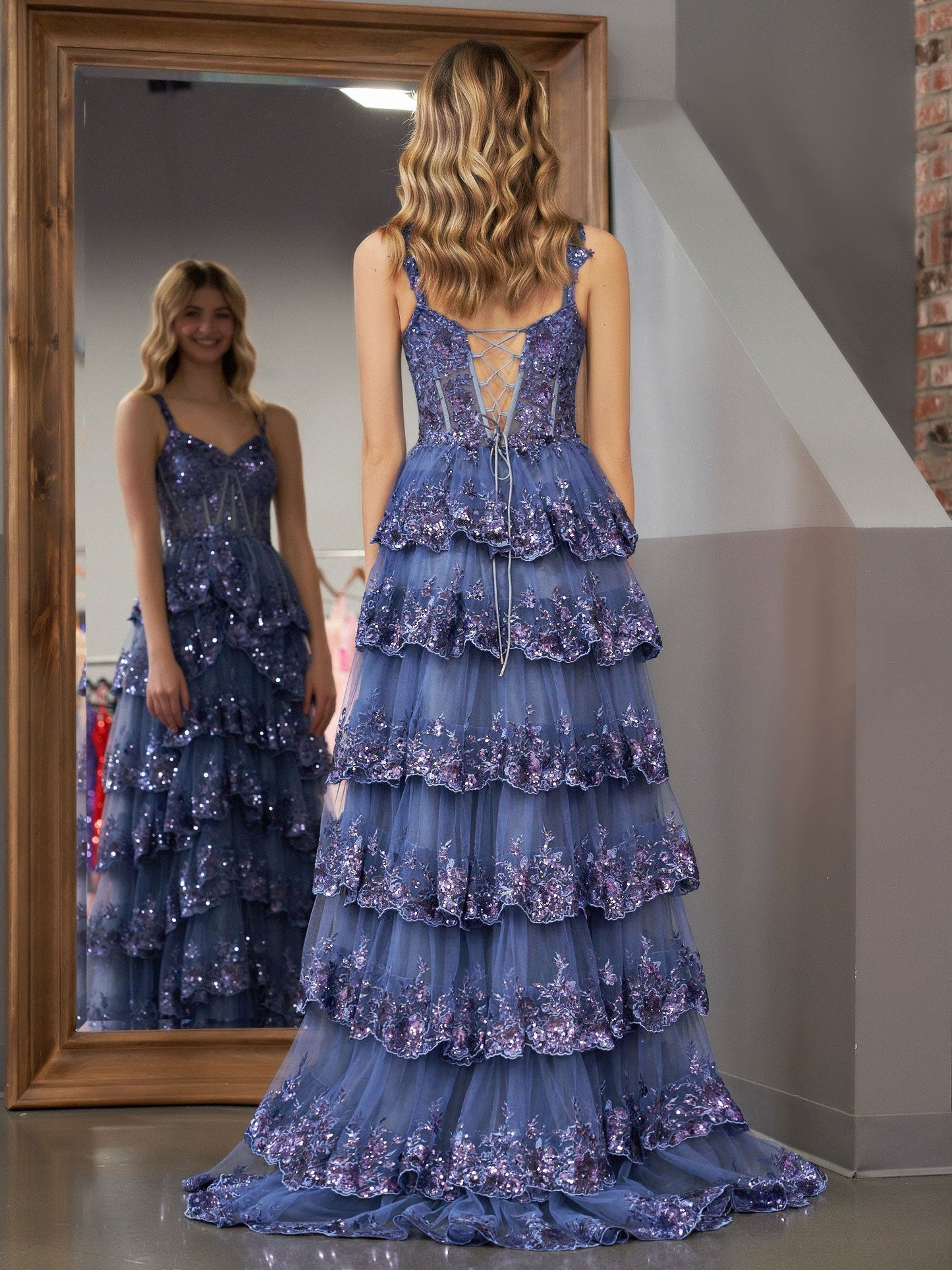 Grey Blue Princess A Line Off the Shoulder Corset Prom Dress with Lace Ruffles - Prom Dress - DYAVOR®