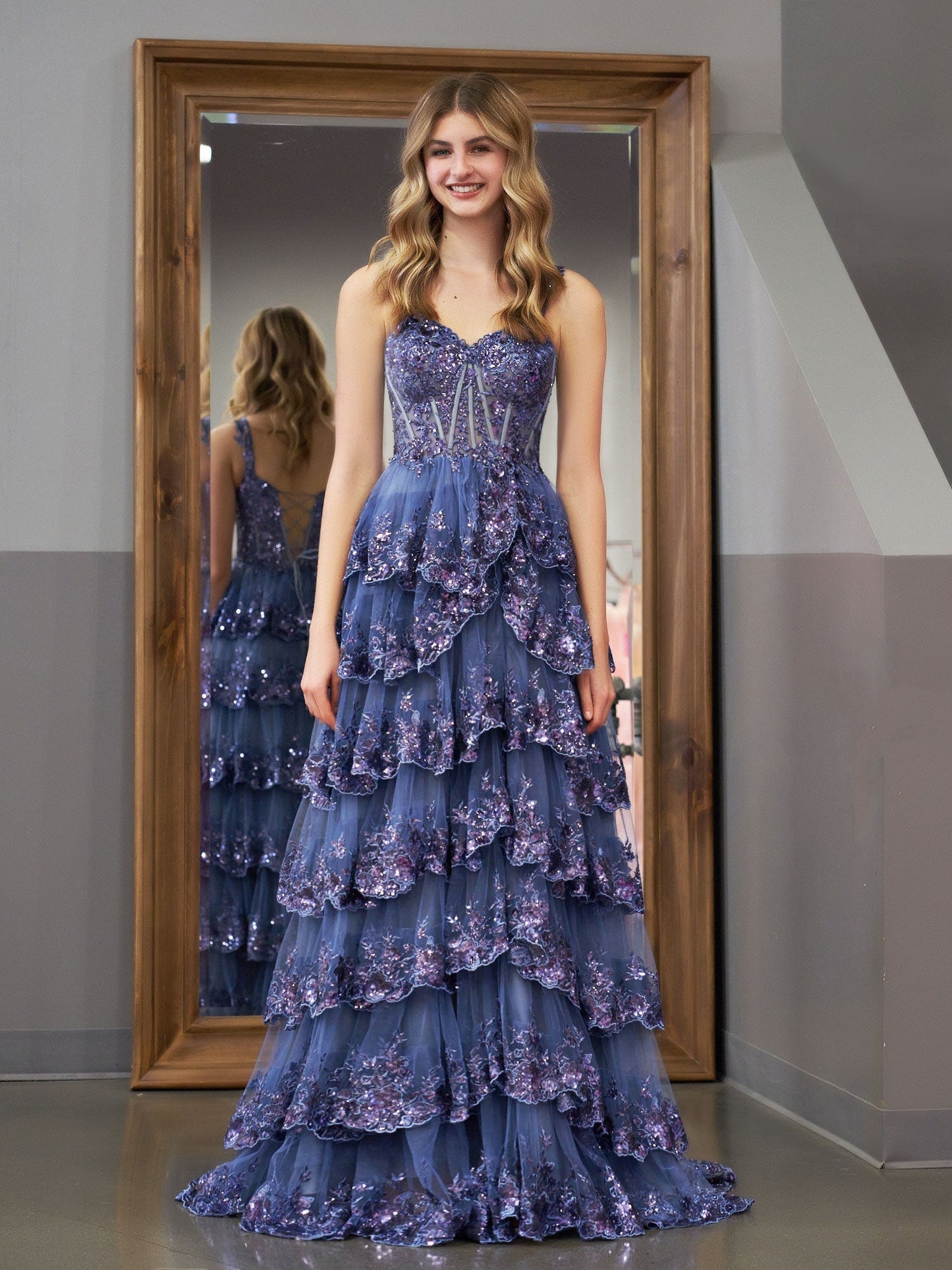 Grey Blue Princess A Line Off the Shoulder Corset Prom Dress with Lace Ruffles - Prom Dress - DYAVOR®