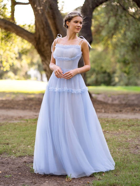 A-line Ocean Wave Tie-straps tulle long prom dress - Prom Dresses - DYAVOR®