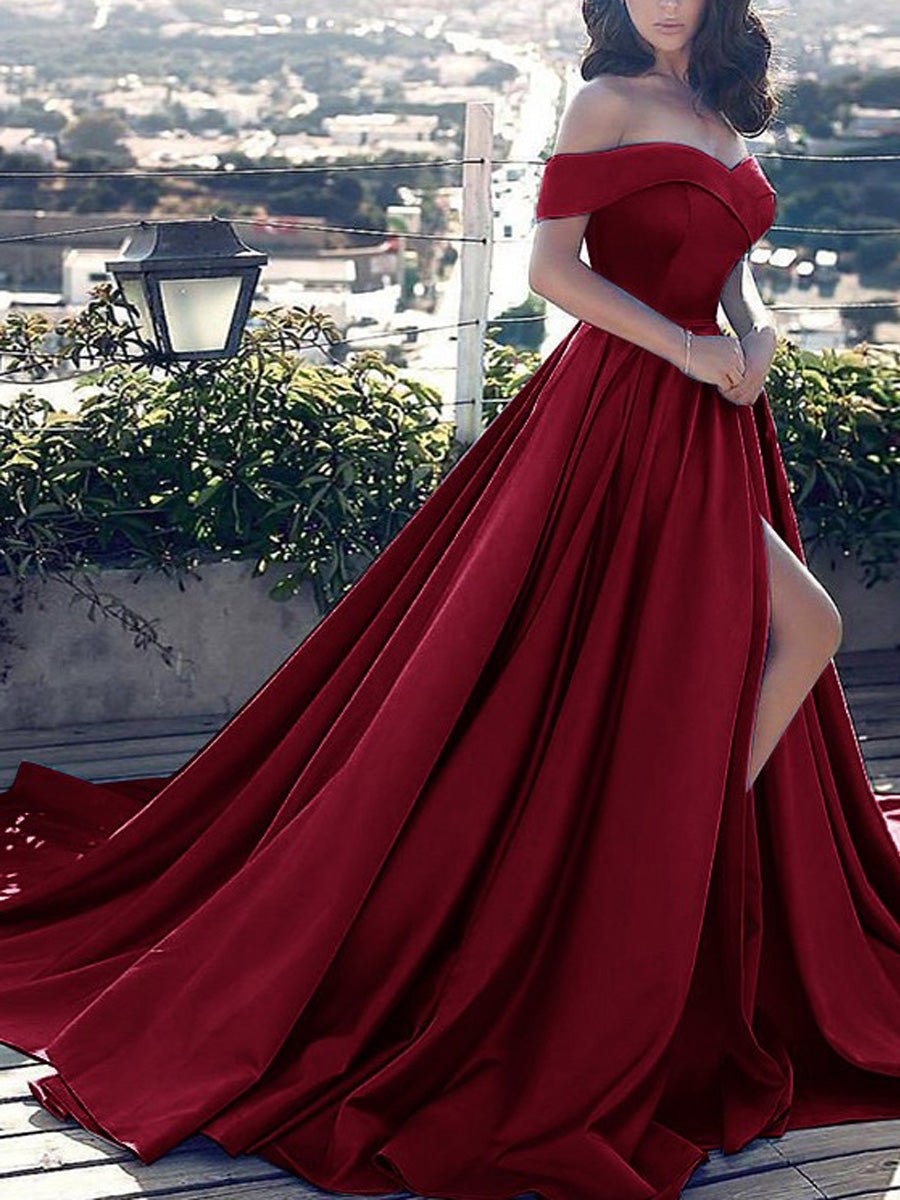 Noah | Off Shoulder Prom Dress Long Satin Formal Gowns with Slit - Prom Dress - DYAVOR®