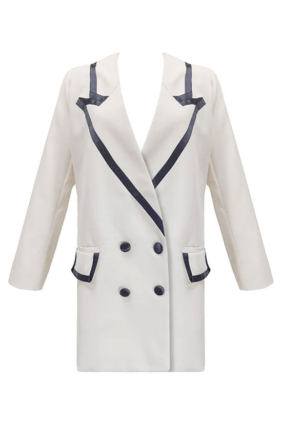 Oversized Contrast Label Long Sleeve Double Breasted Blazer Mini Dress - White - Blazer - DYAVOR®