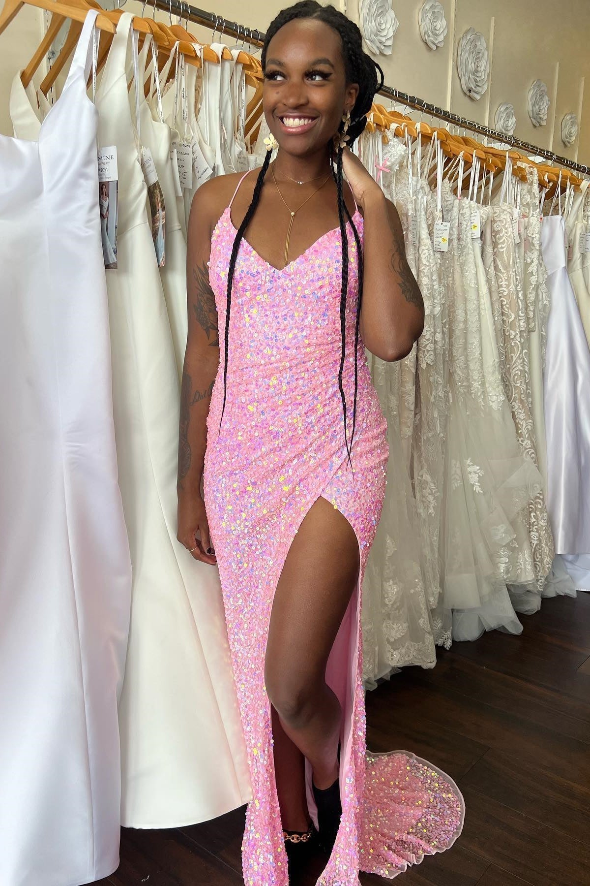 Pink Mermaid V Neck Straps Sequins Pleated Long Prom Dress with Slit - Prom Dresses - DYAVOR®