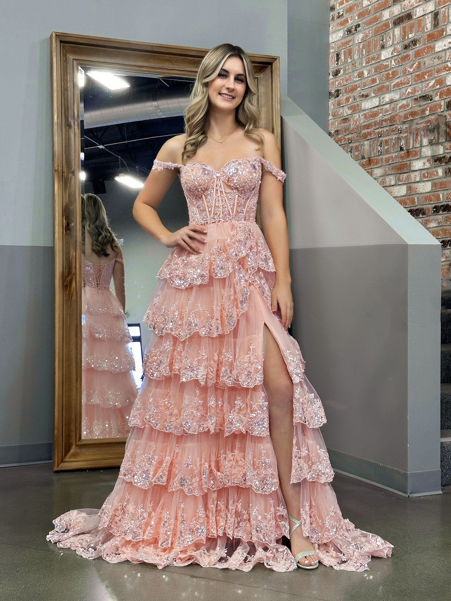 Pink Princess A Line Off the Shoulder Corset Prom Dress with Lace Ruffles - Prom Dress - DYAVOR®