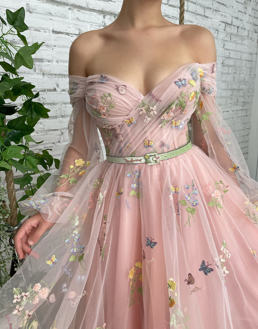 Dorothea |A-line Light Pink Embroidery Off the Shoulder Prom Dress - Prom Dresses - DYAVOR®