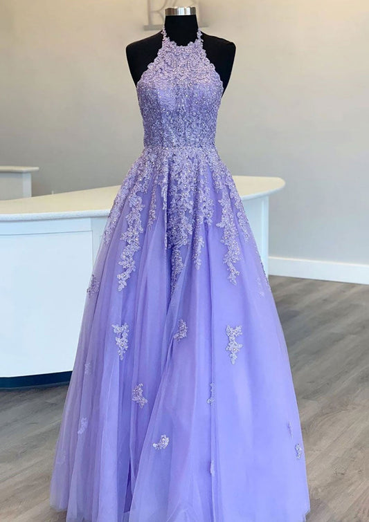 Arleth | Princess Halter Long/Floor-Length Lace Tulle Prom Dress With Appliqued Beading - Prom Dress - DYAVOR®