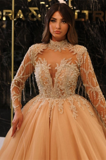 Princess Long Gold High Neck A-line Beading Evening Dresses With Long Sleeves - Prom Dresses - DYAVOR®