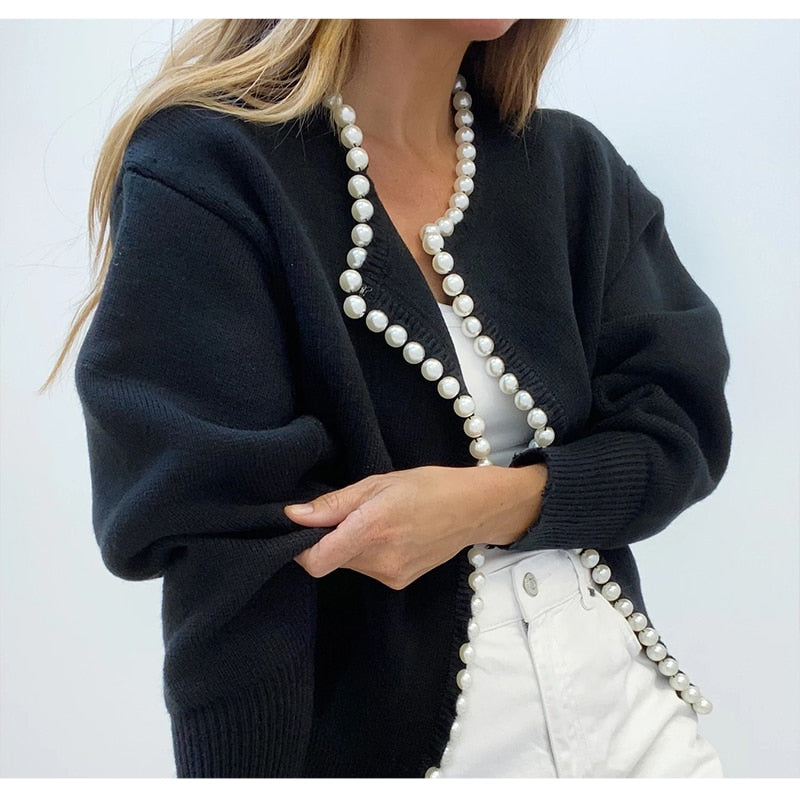 'Pearl Buttons' Black Cardigan - - DYAVOR®