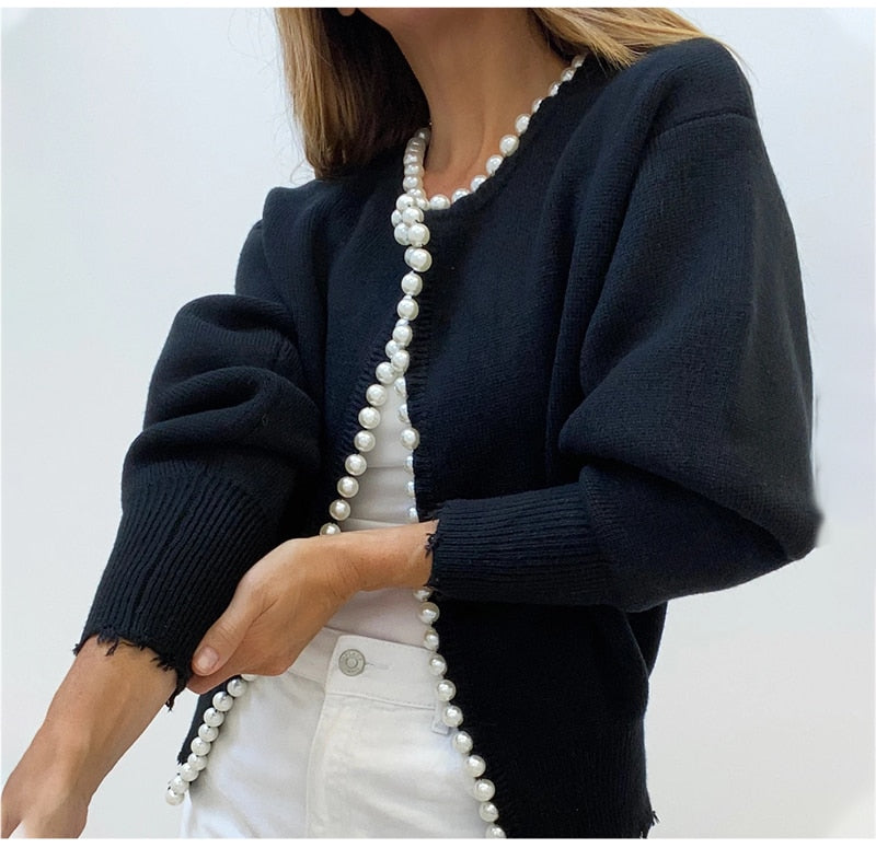 'Pearl Buttons' Black Cardigan - - DYAVOR®