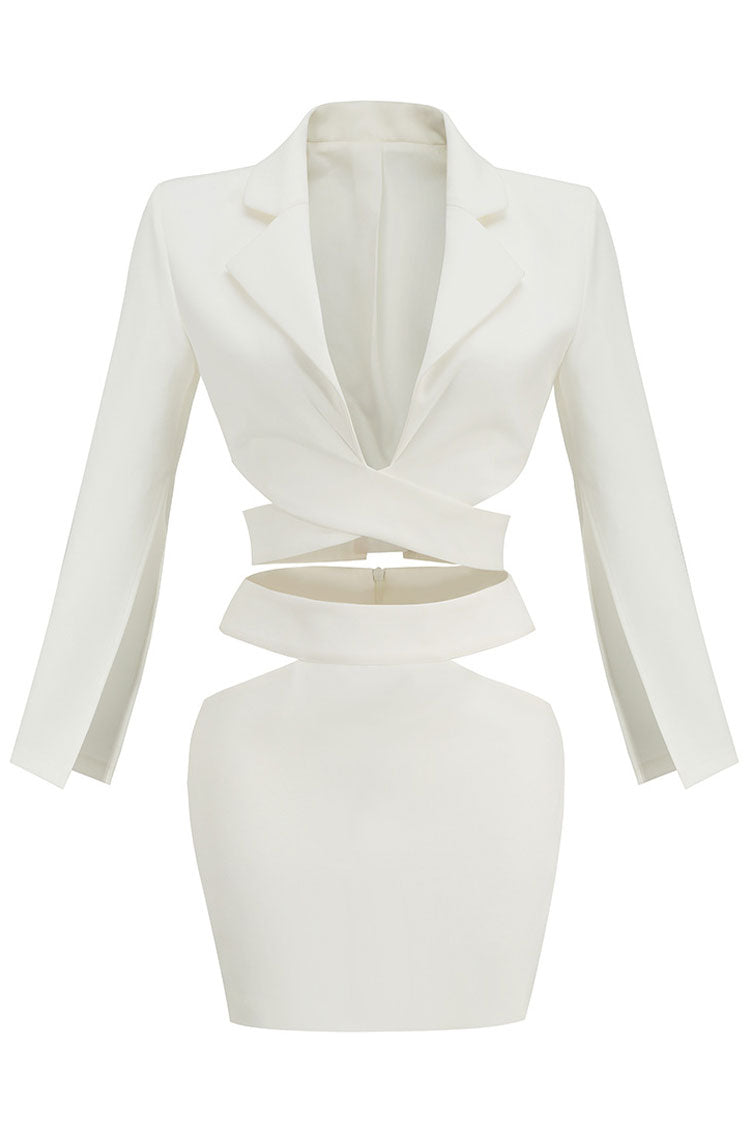 Puff Sleeve Cutout Wrap Front Blazer Mini Two Piece Dress - White - Two Piece - DYAVOR®