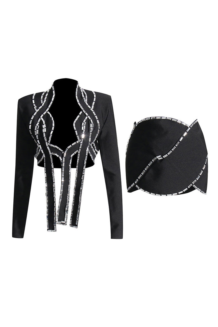 Punk Rhinestone Braided Rope Cutout Crop Blazer Two Piece Mini Dress - Black - Two Piece - DYAVOR®