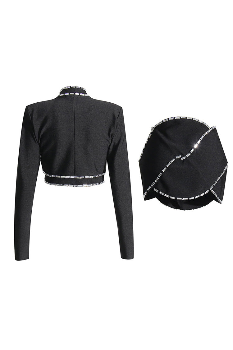 Punk Rhinestone Braided Rope Cutout Crop Blazer Two Piece Mini Dress - Black - Two Piece - DYAVOR®