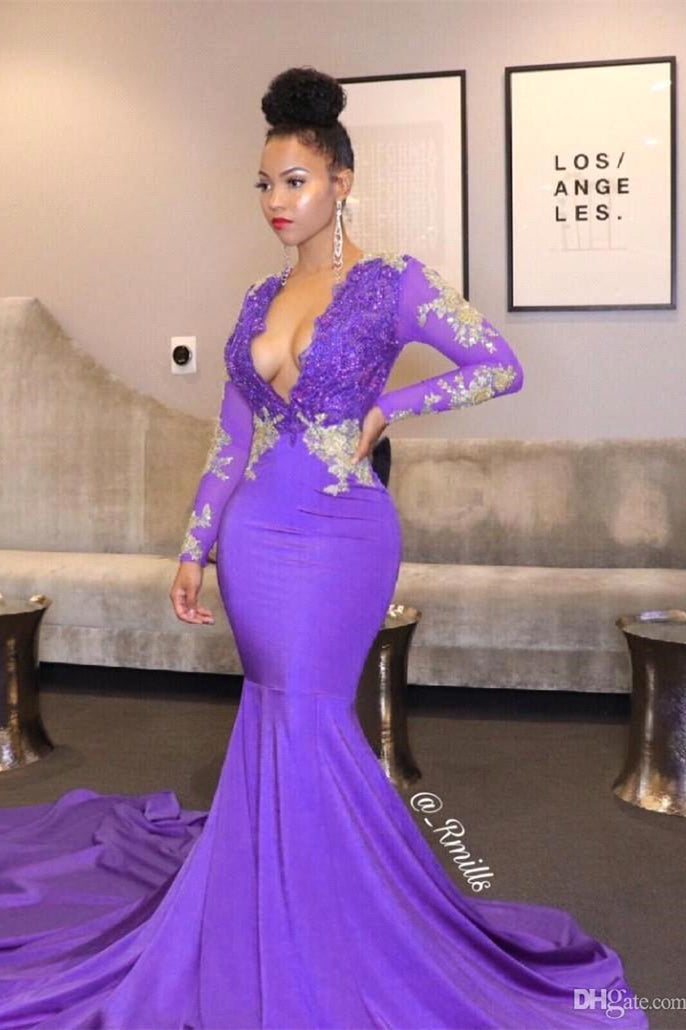 Purple Long Prom Dresses Deep V-neck Lace Mermaid Evening Gowns - Prom Dresses - DYAVOR®