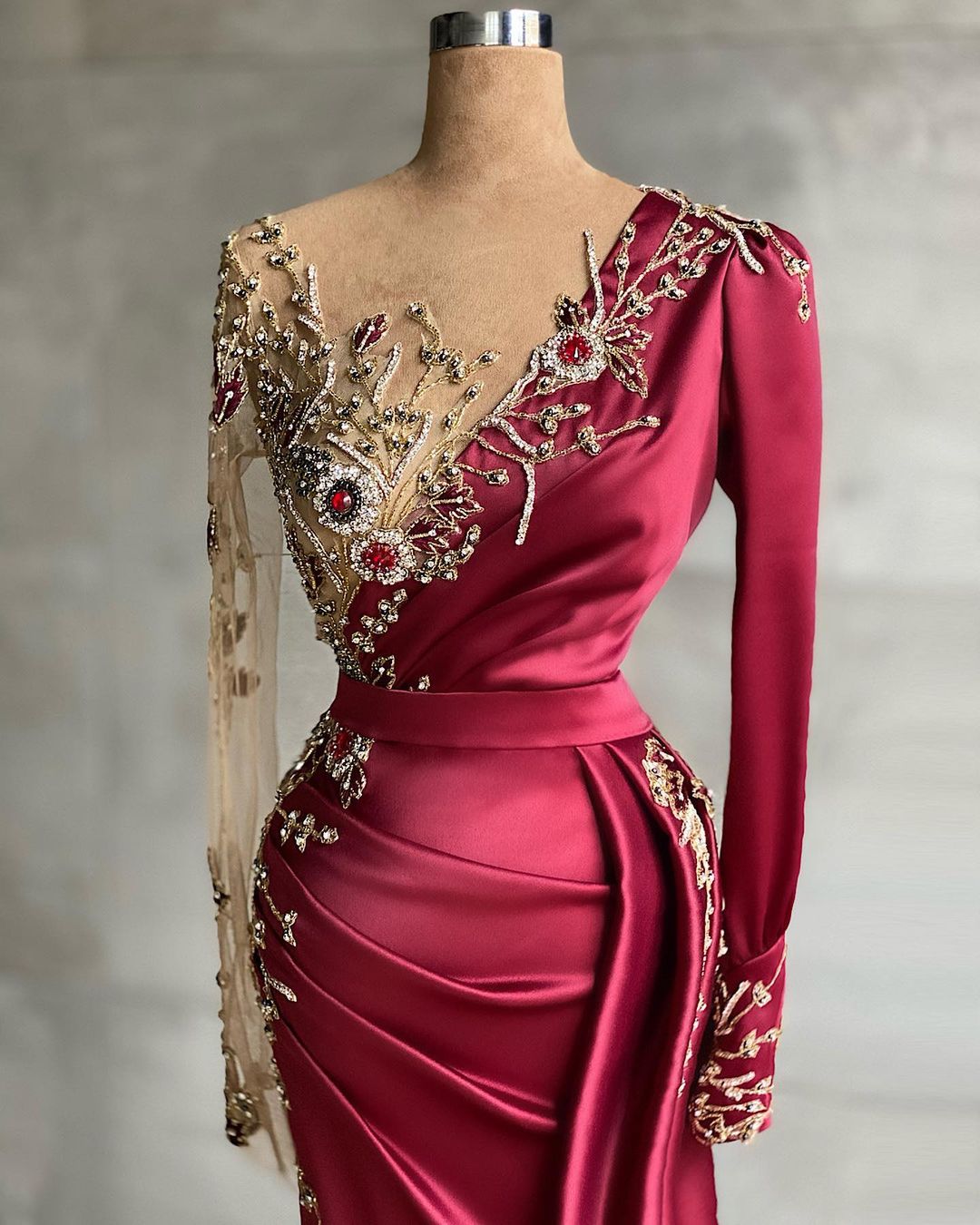 Red evening dress floor-length prom dresses with sleeves - Prom Dresses - DYAVOR®
