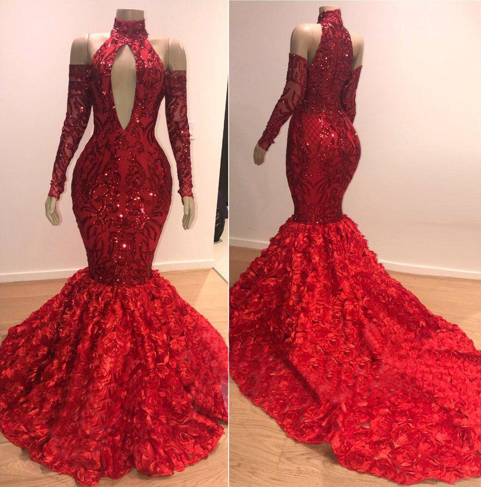 Red Floral Mermaid High Neck Long Sleeve Prom Dresses - Prom Dresses - DYAVOR®