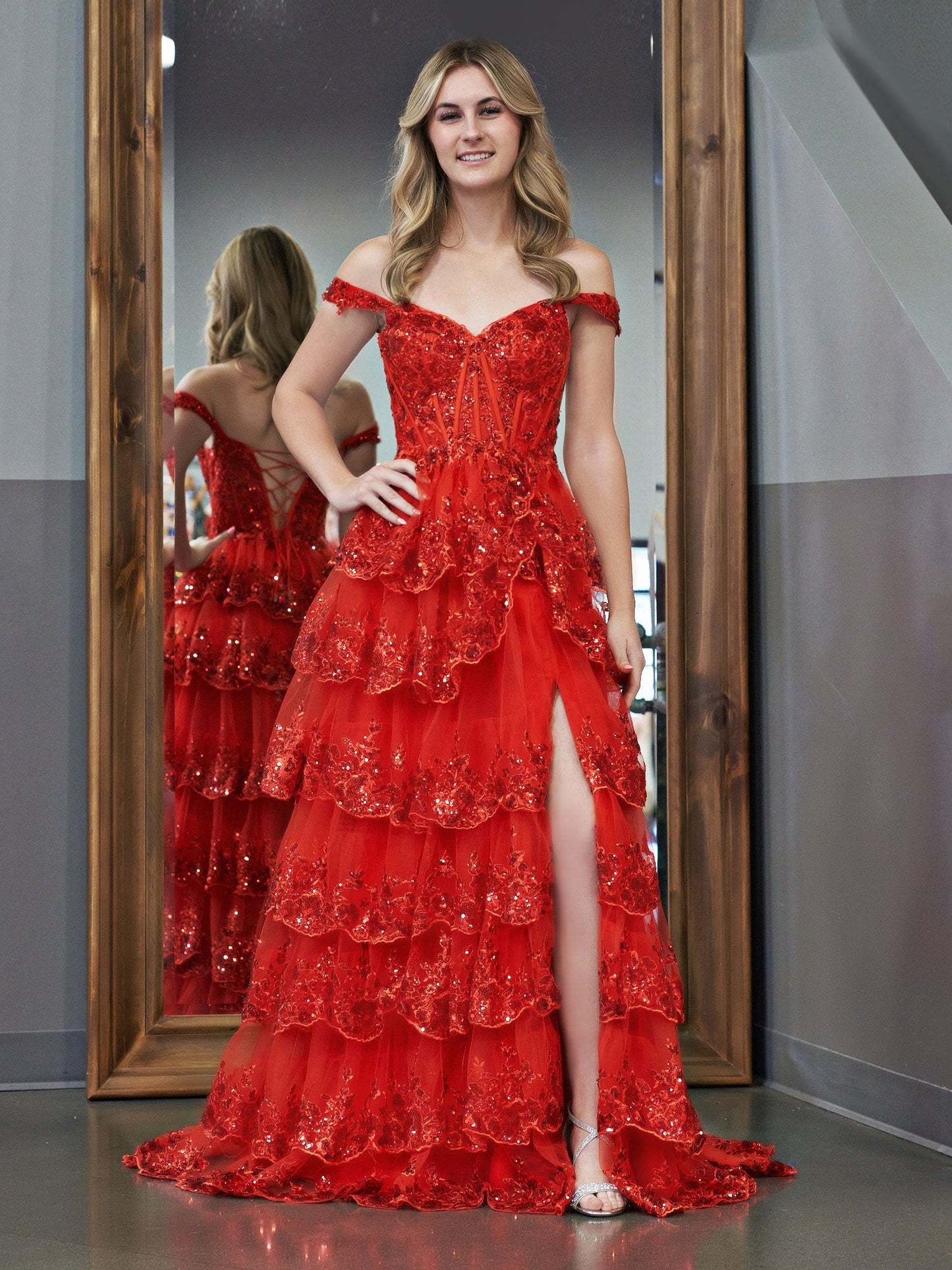 Red Princess A Line Off the Shoulder Corset Prom Dress with Lace Ruffles - Prom Dress - DYAVOR®