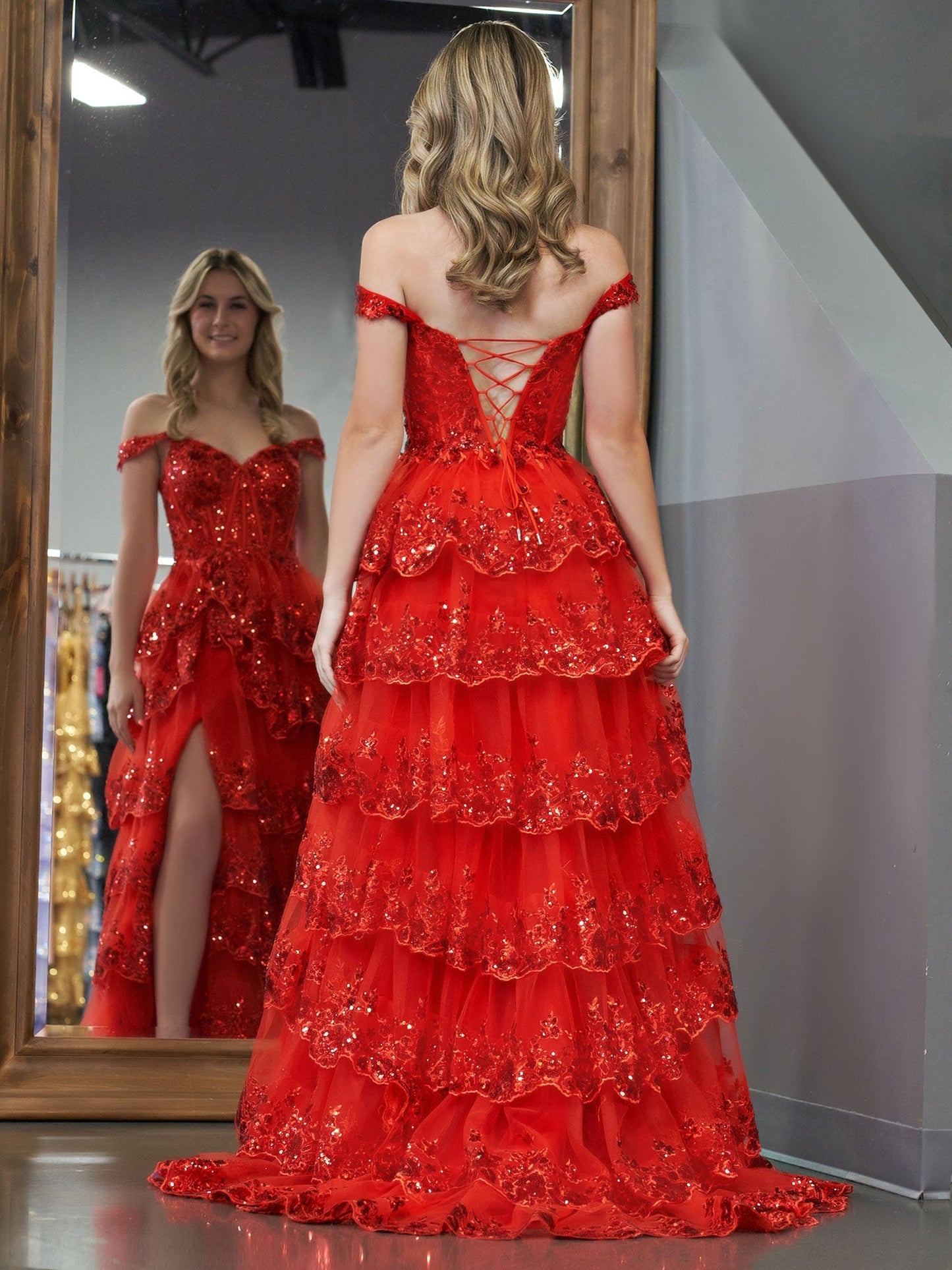 Red Princess A Line Off the Shoulder Corset Prom Dress with Lace Ruffles - Prom Dress - DYAVOR®