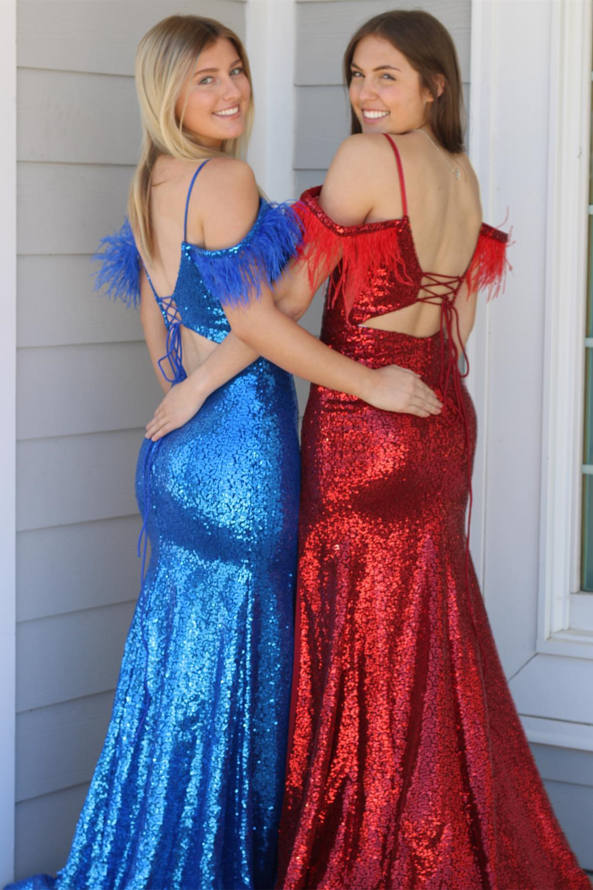 Red Sequins Cold Shoulder Feathers Long Prom Dress with Slit - Prom Dresses - DYAVOR®