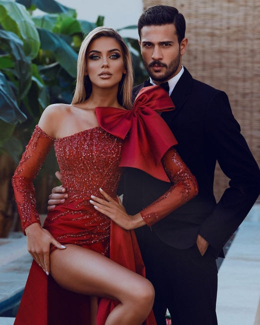 Red Sexy Long Glitter Prom Dresses With Sleeves - Prom Dresses - DYAVOR®