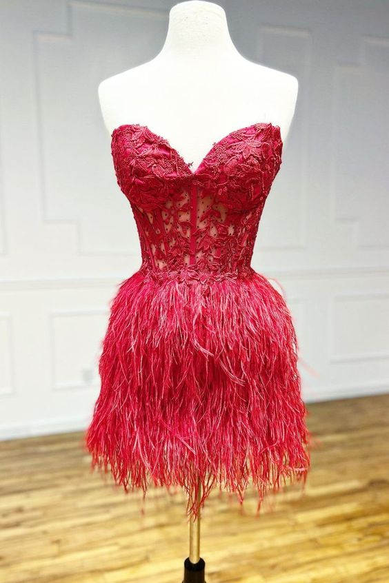 Amina |Sheath Sweetheart Lace Feather Skirt Homecoming Dress - Homecoming Dress - DYAVOR®