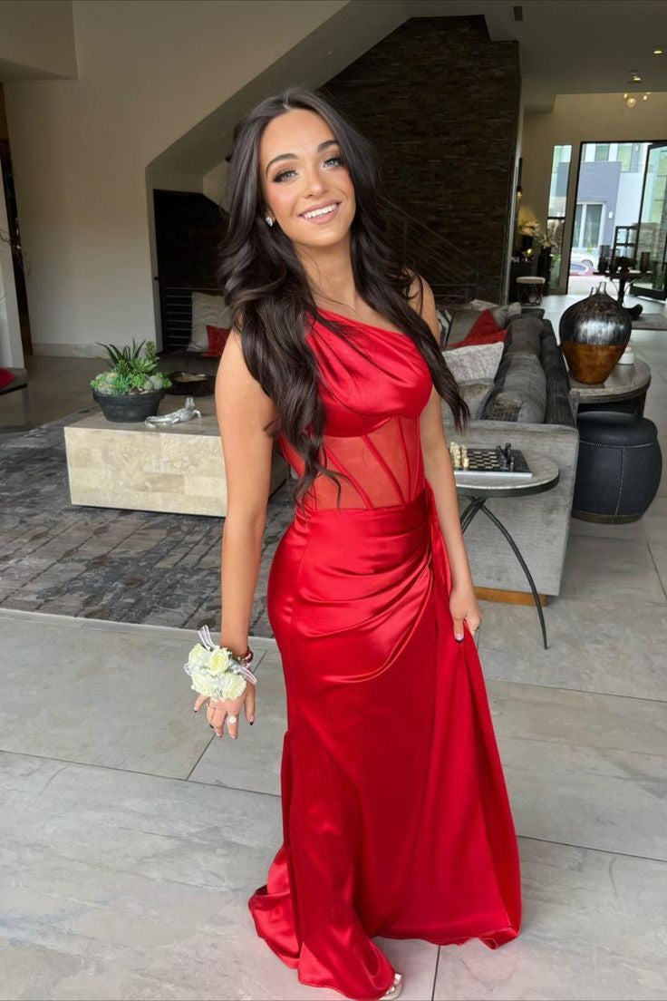 Valerie |Sheath One Shoulder Pleated Satin Long Prom Dress - Prom Dress - DYAVOR®