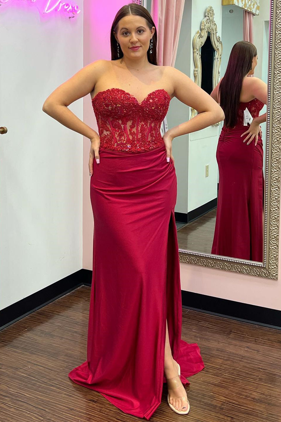 Ember | Sweetheart Corset Lace Hot Pink Long Prom Dress with Slit - prom dress - DYAVOR®