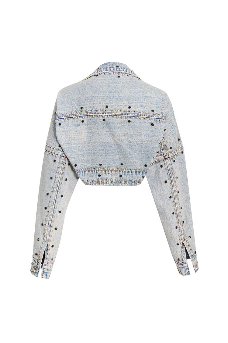 Retro Drop Shoulder Long Sleeve Open Front Studded Crop Denim Bolero Jacket - Denim - DYAVOR®
