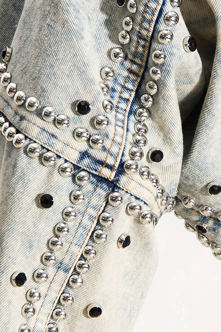 Retro Drop Shoulder Long Sleeve Open Front Studded Crop Denim Bolero Jacket - Denim - DYAVOR®
