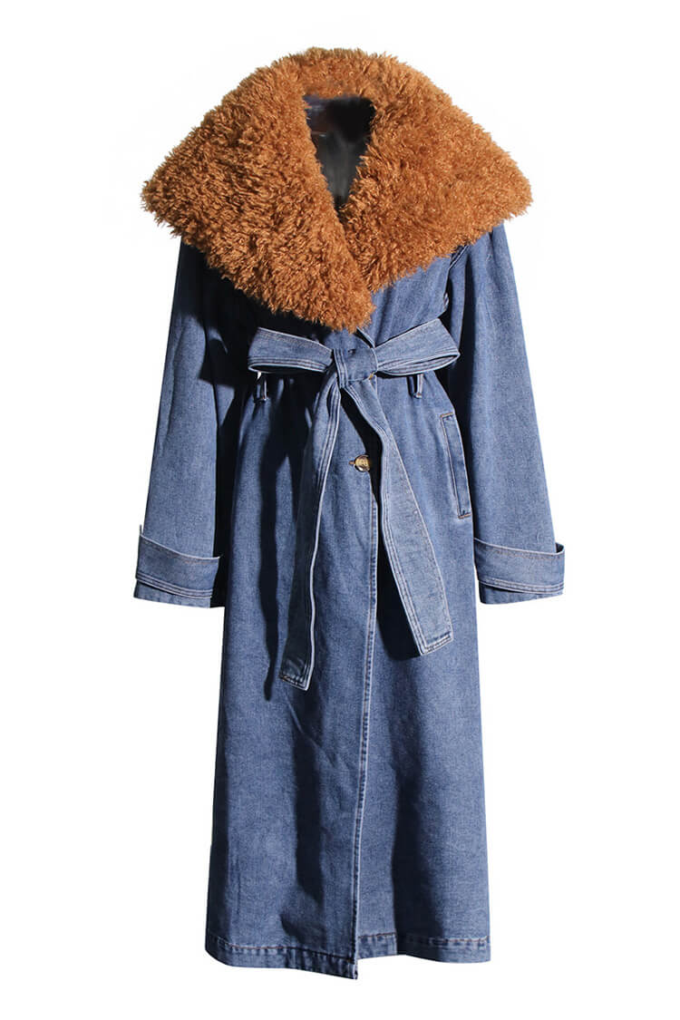 Retro Faux Fur Collar Button Up Belted Cinch Waist Denim Trench Coat - Coats - DYAVOR®