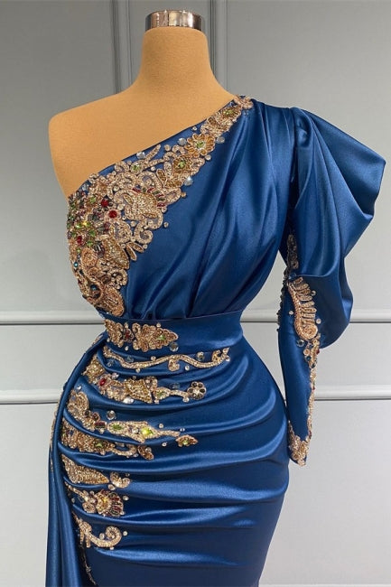 Royal Blue Asymmetric One Shoulder Stretch Satin Prom Dress with Appliques - Prom Dresses - DYAVOR®