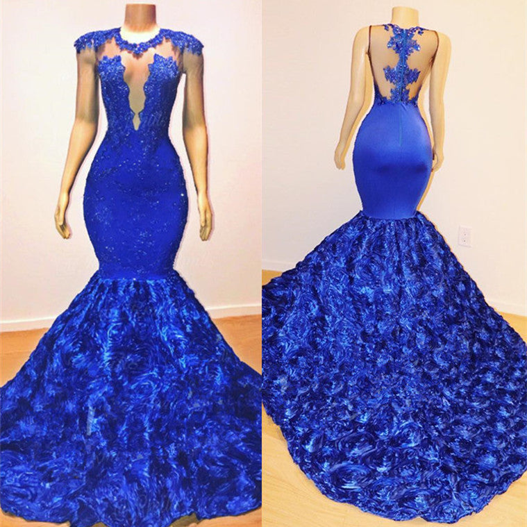 Royal Blue Mermaid Sexy Flowers Sleeveless Sheer Evening Dress - Prom Dresses - DYAVOR®