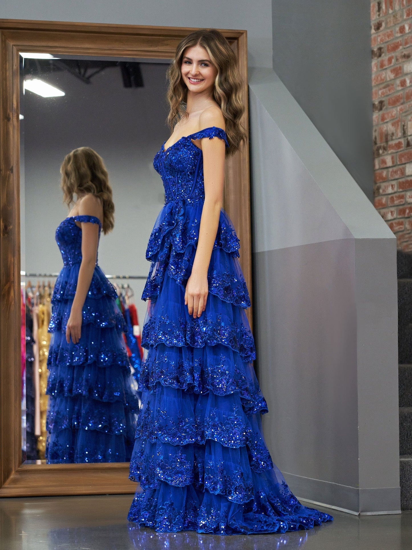 Royal Blue Princess A Line Off the Shoulder Corset Prom Dress with Lace Ruffles - Prom Dress - DYAVOR®