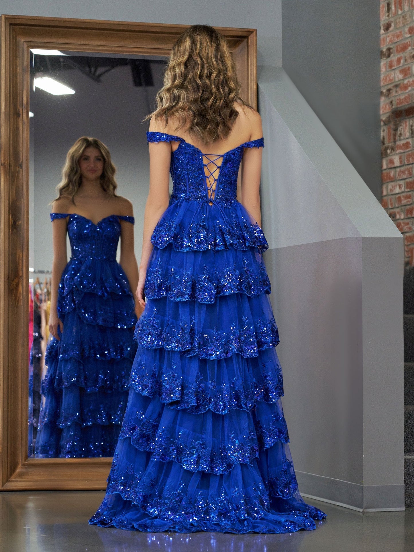 Royal Blue Princess A Line Off the Shoulder Corset Prom Dress with Lace Ruffles - Prom Dress - DYAVOR®