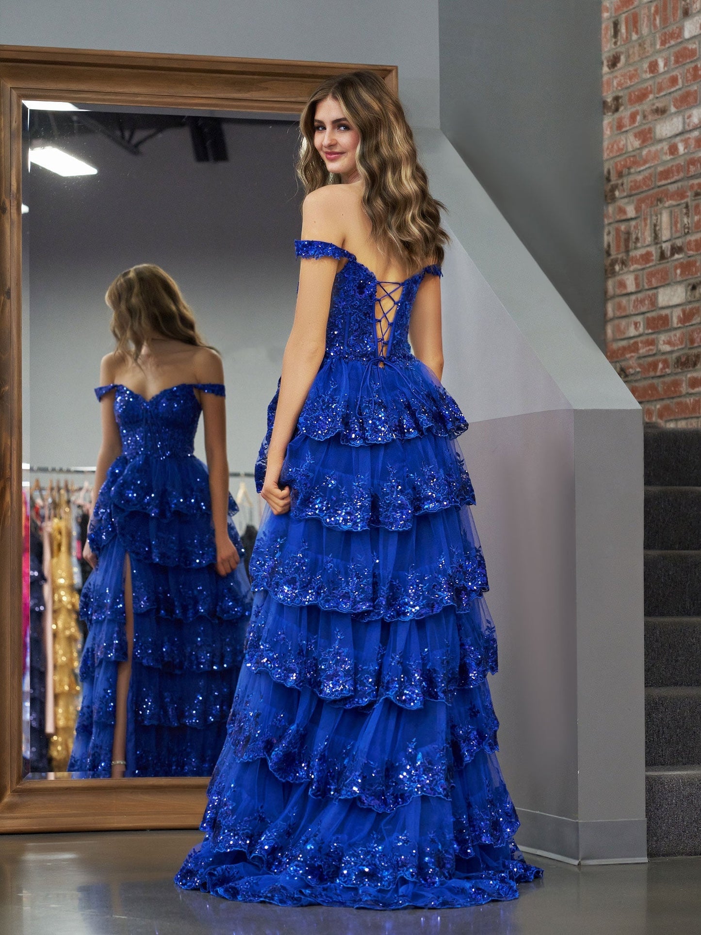 Royal Blue Princess A Line Off the Shoulder Corset Prom Dress with Lace Ruffles - Prom Dress - DYAVOR®