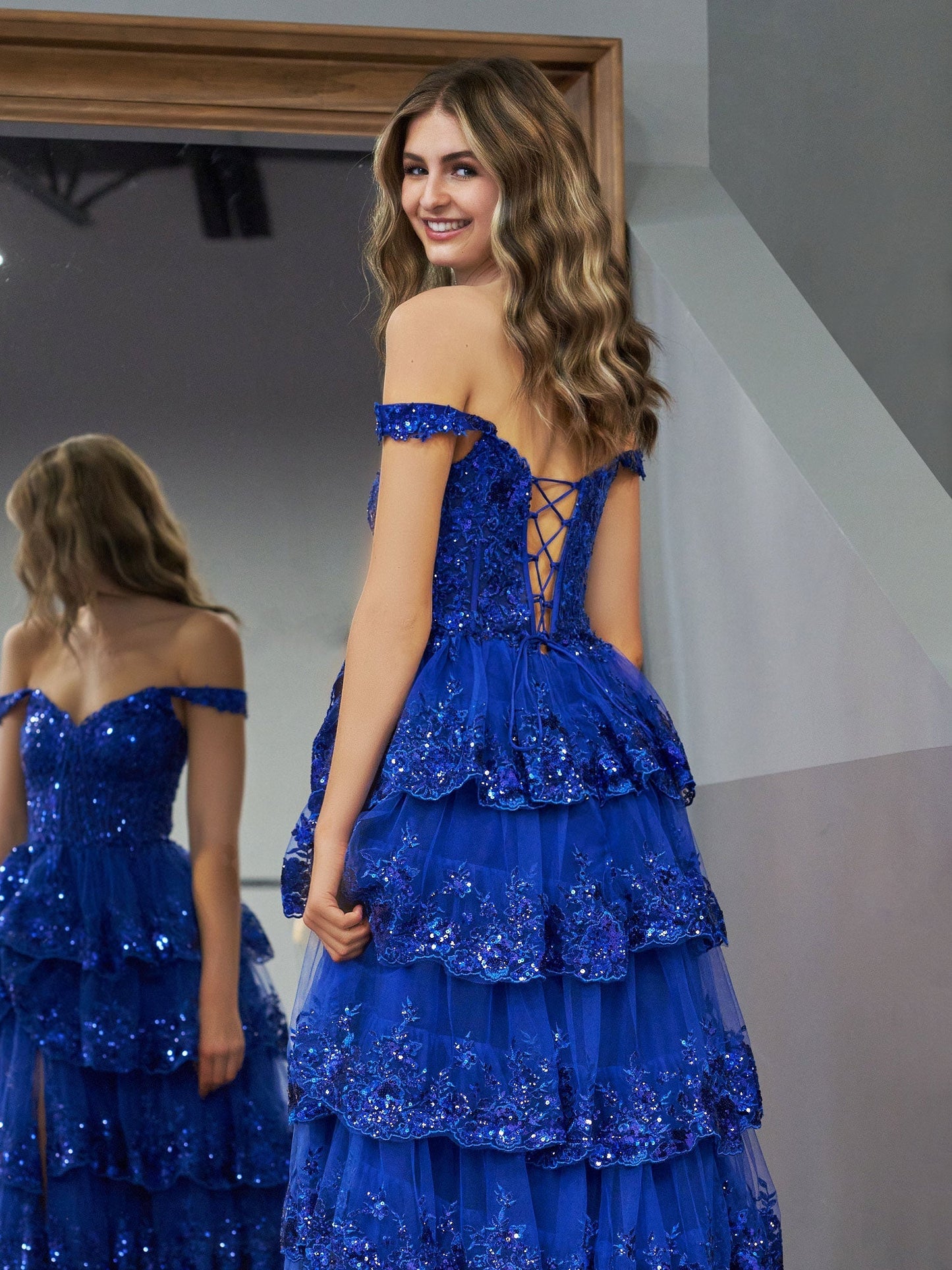 Royal Blue Princess A Line Off the Shoulder Corset Prom Dress with Lace Ruffles - Prom Dress - DYAVOR®