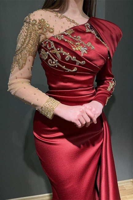 Ruby Asymmetrical Long Sleeves Mermaid Stretch Satin Prom Dress with Ruffles - Prom Dresses - DYAVOR®