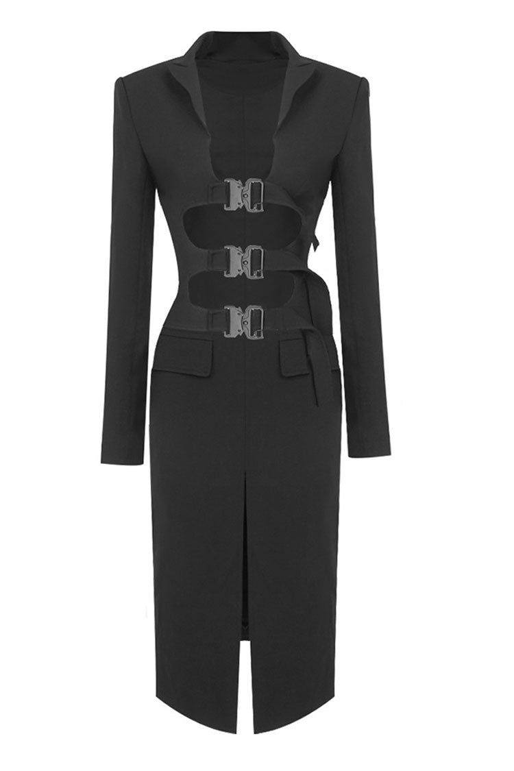 Sculptural Buckled Front Long Sleeve Cutout Blazer Two Piece Midi Dress - Black - Two Piece - DYAVOR®