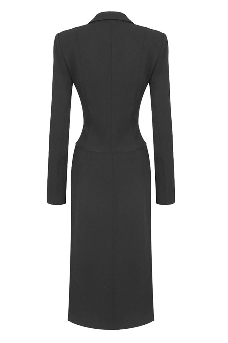 Sculptural Buckled Front Long Sleeve Cutout Blazer Two Piece Midi Dress - Black - Two Piece - DYAVOR®