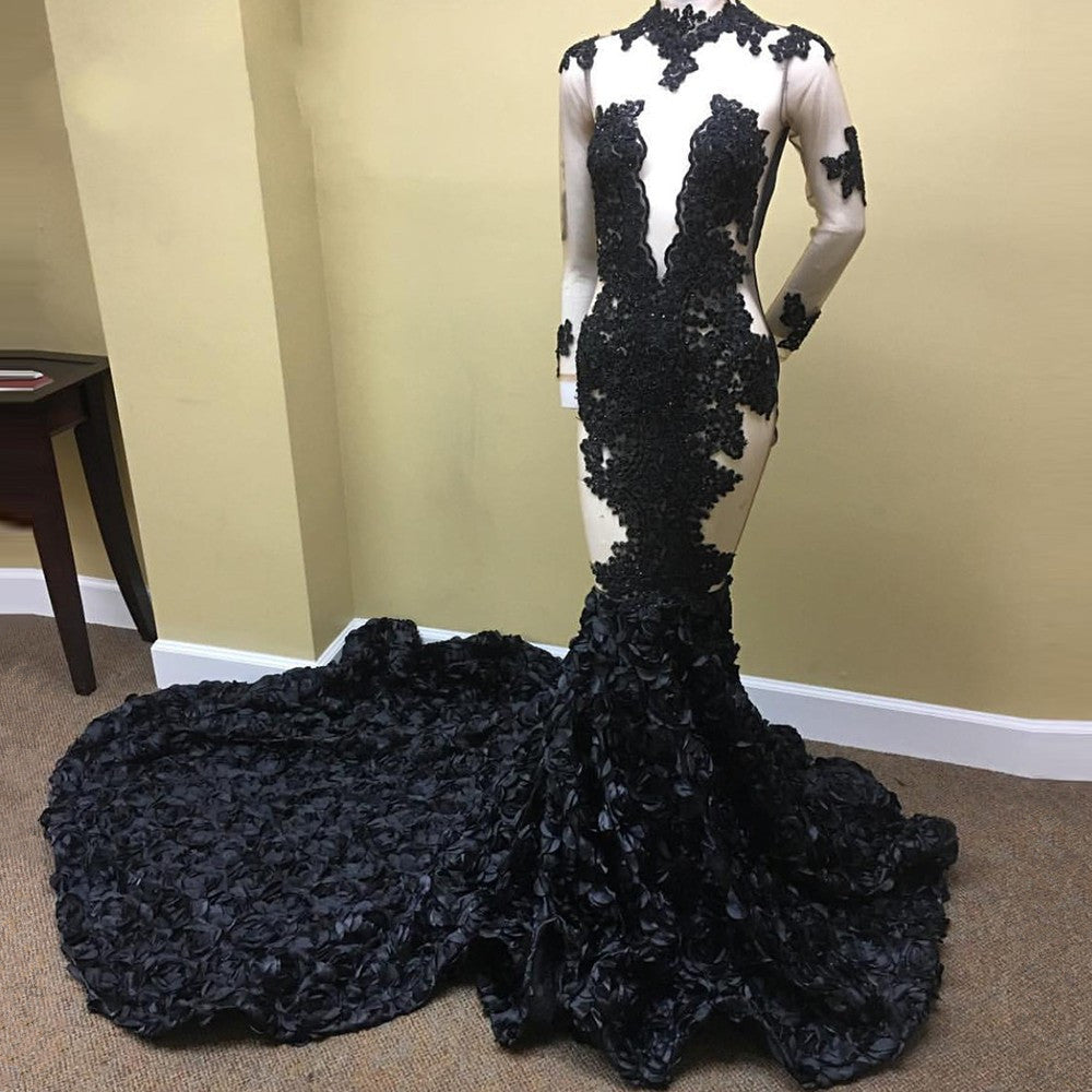 Sexy Black Long Sleeve Prom Dress Lace Evening Gown With Flowers Bottom - Prom Dresses - DYAVOR®