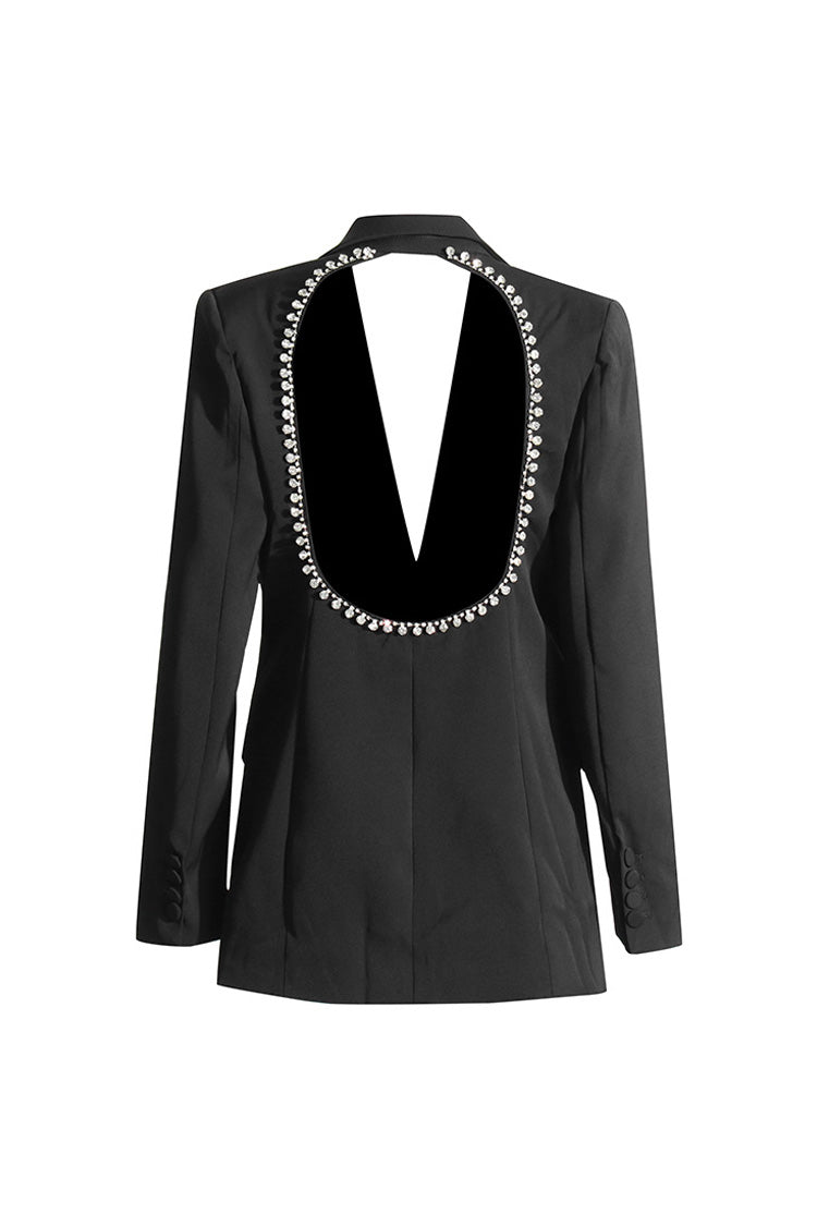 Sexy Cutout Back Rhinestone Trim Long Sleeve Cinched Waist Party Blazer - Blazers - DYAVOR®