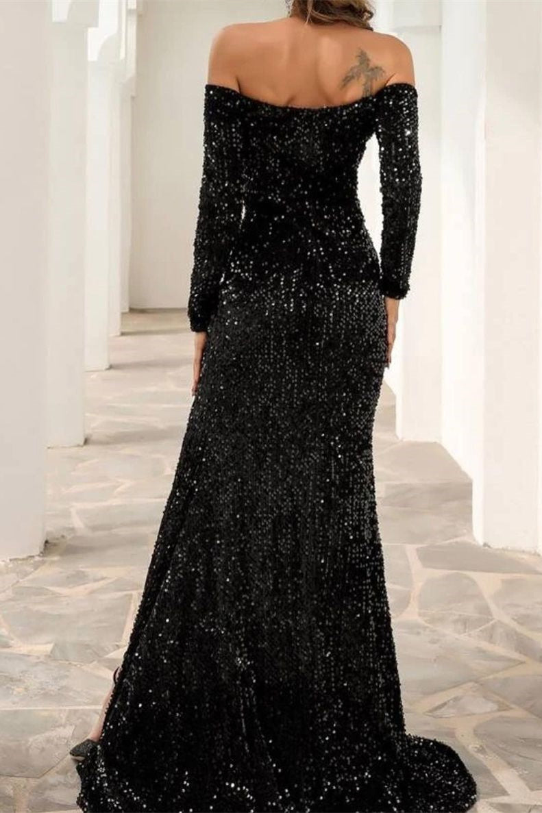 Sexy Off The Shoulder Black Sequined Front-Split Prom Dresses With Long Sleeves - Prom Dresses - DYAVOR®