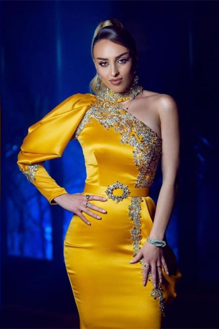 Sexy One Puffy Sleeves Satin Mermaid Prom Dress with Glitter Crystals - Prom Dresses - DYAVOR®