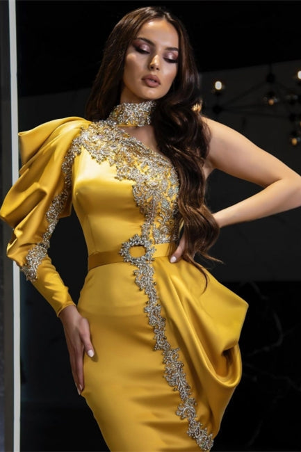 Sexy One Puffy Sleeves Satin Mermaid Prom Dress with Glitter Crystals - Prom Dresses - DYAVOR®