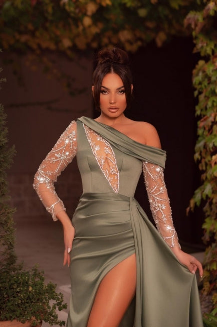 Sexy One Shoulder Beading Split Evening Dresses Long Prom Dresses With Long Sleeves - Prom Dresses - DYAVOR®